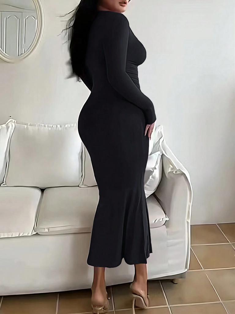Women's Solid Long Sleeve Bodycon Dress, Chic Basic Minimalist Causual Fashion Scoop Neck Long Dress, Womenswear