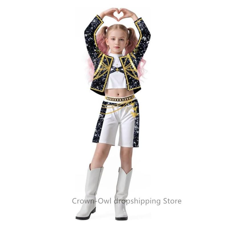 Girls Kids Zoey Rumi Mira Cosplay Idol Black Stage Perfermence Suit K-Pop Demon Hunters Costume Set Child Halloween Carniva Suit