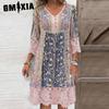 Women's Fashion Summer Spring Solid Color Print Lomg Sleeve V-Neck Casual Dresses