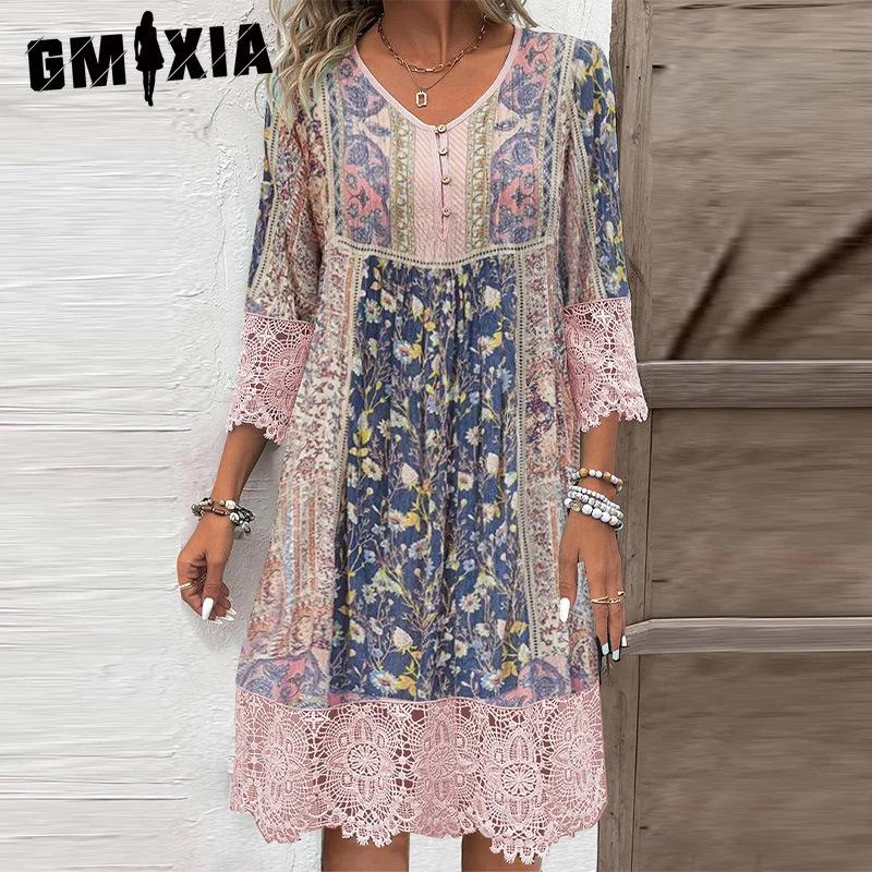 HNXC Women's Fashion Summer Spring Solid Color Print Lomg Sleeve V-Neck Casual Dresses