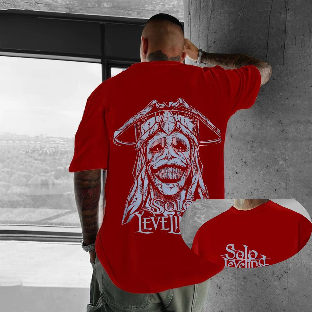 New Japanese Anime Solo Upgrade Cool Cartoon Pattern T-shirt Round Neck Vacation Short Sleeved Loose Streetwear T-shirt Men Top