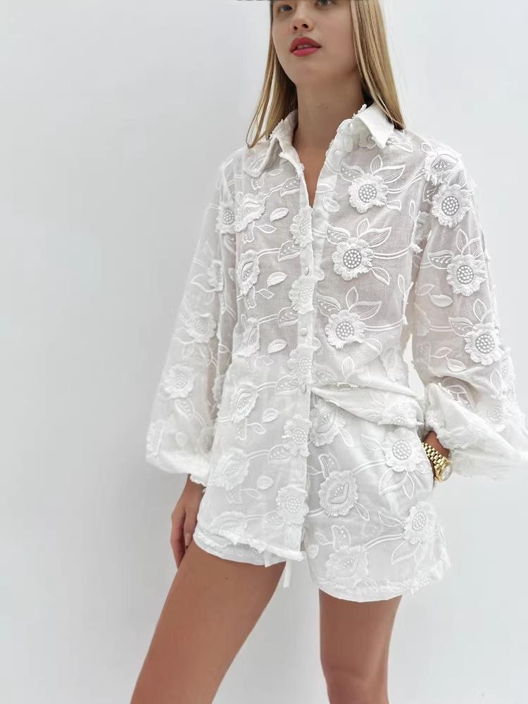 European & American Sexy Cotton Embroidered Set: Spring/Autumn See-Through Shirt & High-Waisted Shorts 2025