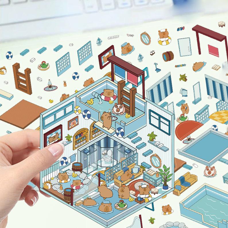 Cartoon Landscape Kapibala Bath Sticker Miniature World 3D Hut Unzip DIY Scene Manual
