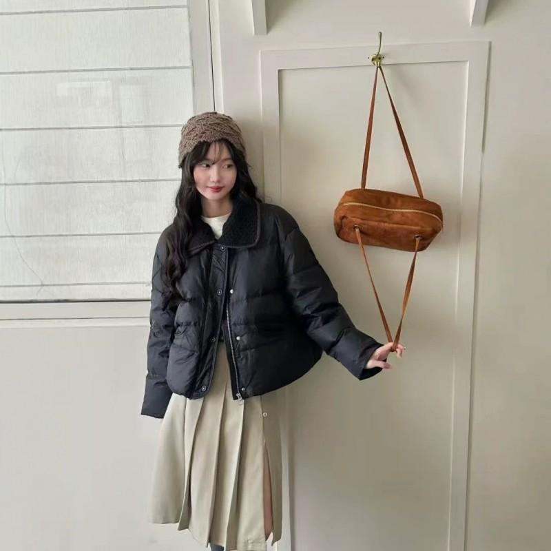 Womens Short Puffer Jacket With Knit Collar White Duck Down Winter Coat Petite Women