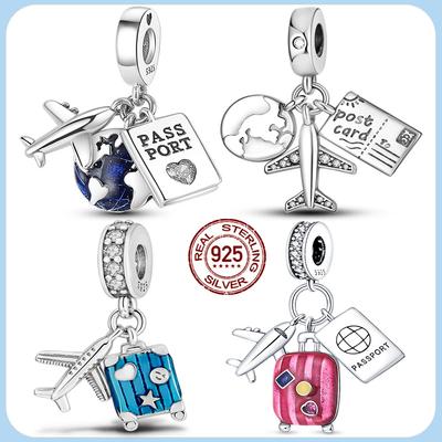Genuine 925 Silver Travel Passport Plane Charm Pendant for DIY Bracelet Jewelry Gift Women