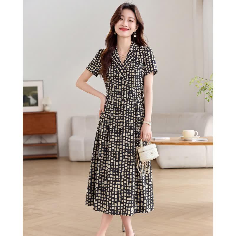 Sanpowa Women's Plaid V-Neck Short Sleeve Mid-Length Dress