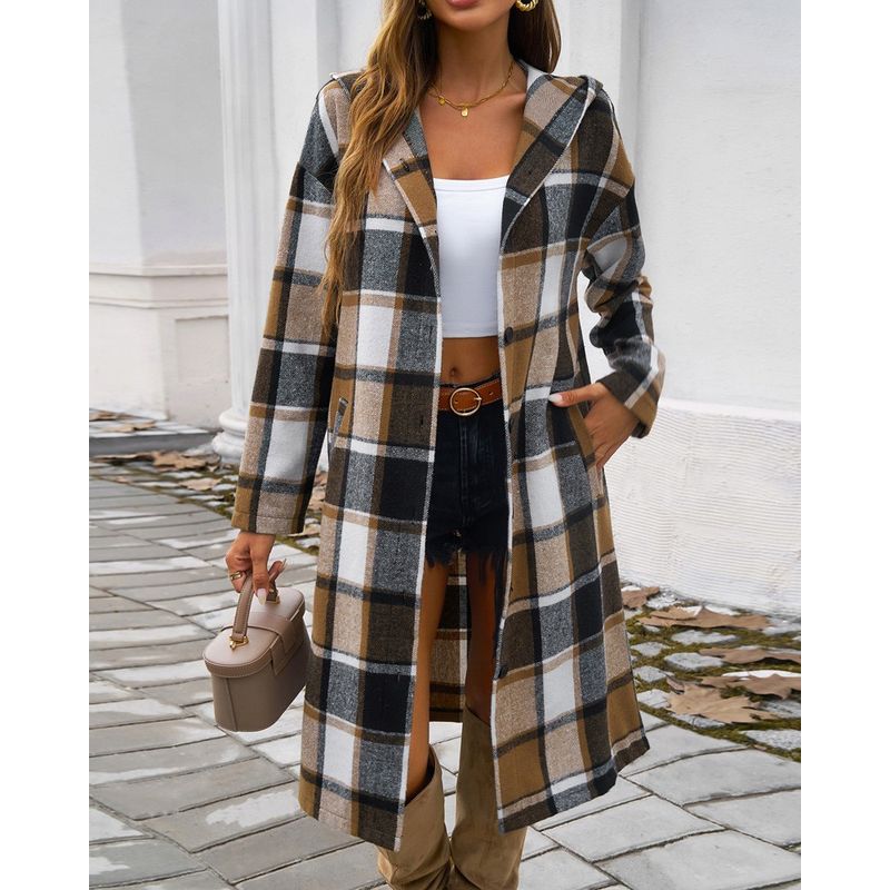 

Autumn New Women clothes Western Style Slimming Plaid Hood Long sleeve Mid-Length Woolen Jacket Thin Woolen Coat Khakis Gingham M