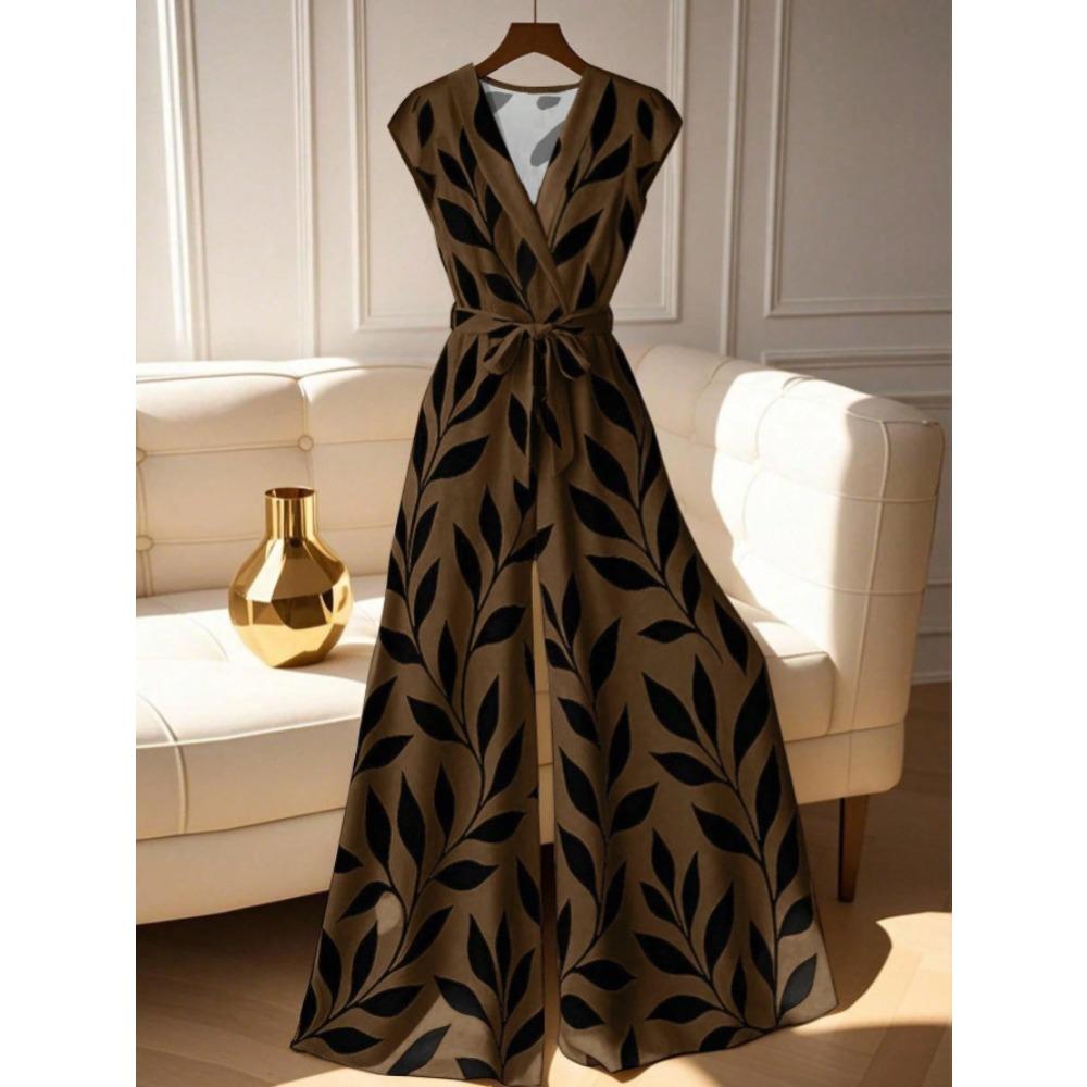 Women s V Neck Sleeveless Jumpsuit Loose Fit High Waist Casual Leaf Print Wide Leg Romper S