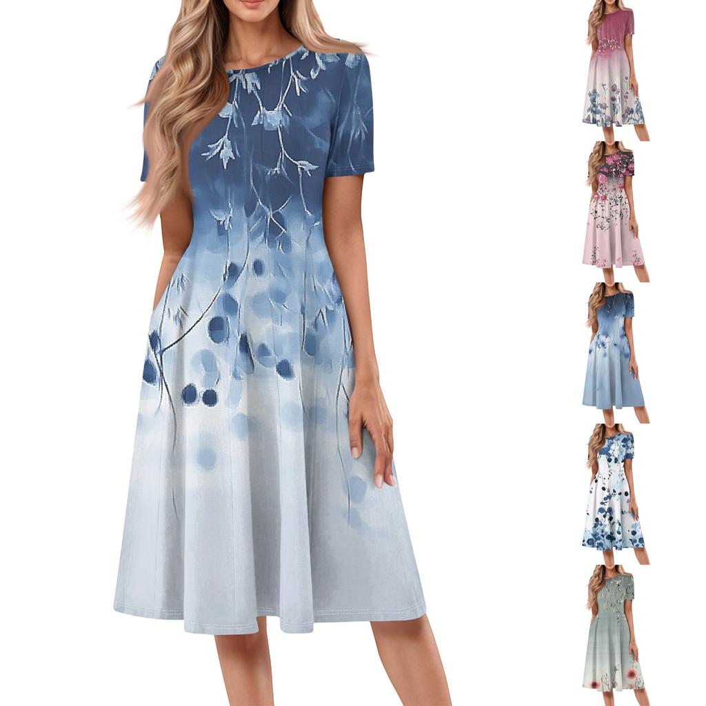 Women's Casual Fashion Round Neck Short Sleeve Print Midi Dress