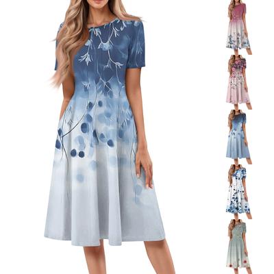Kadın Günlük Moda Yuvarlak Yaka Kısa Kollu Baskılı Midi Elbise