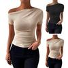 Women Summer T-shirt Skew Collar Short Sleeve Slim Fit Tee Shirt Solid Color Side Shirring Pullover Tops