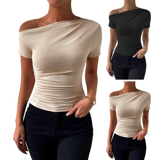 Women Summer T-shirt Skew Collar Short Sleeve Slim Fit Tee Shirt Solid Color Side Shirring Pullover Tops