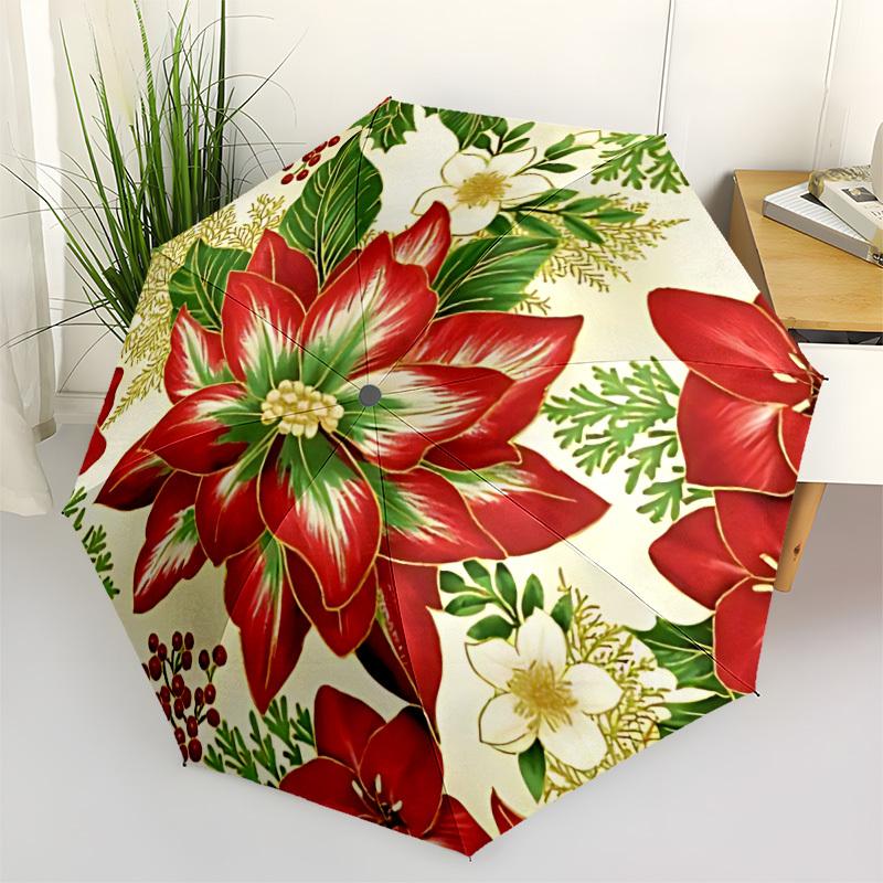 1pc Poinsettia Pattern Automatic Folding Umbrella - Portable Collapsible 8-Rib Umbrella for All Seasons Yy251119150