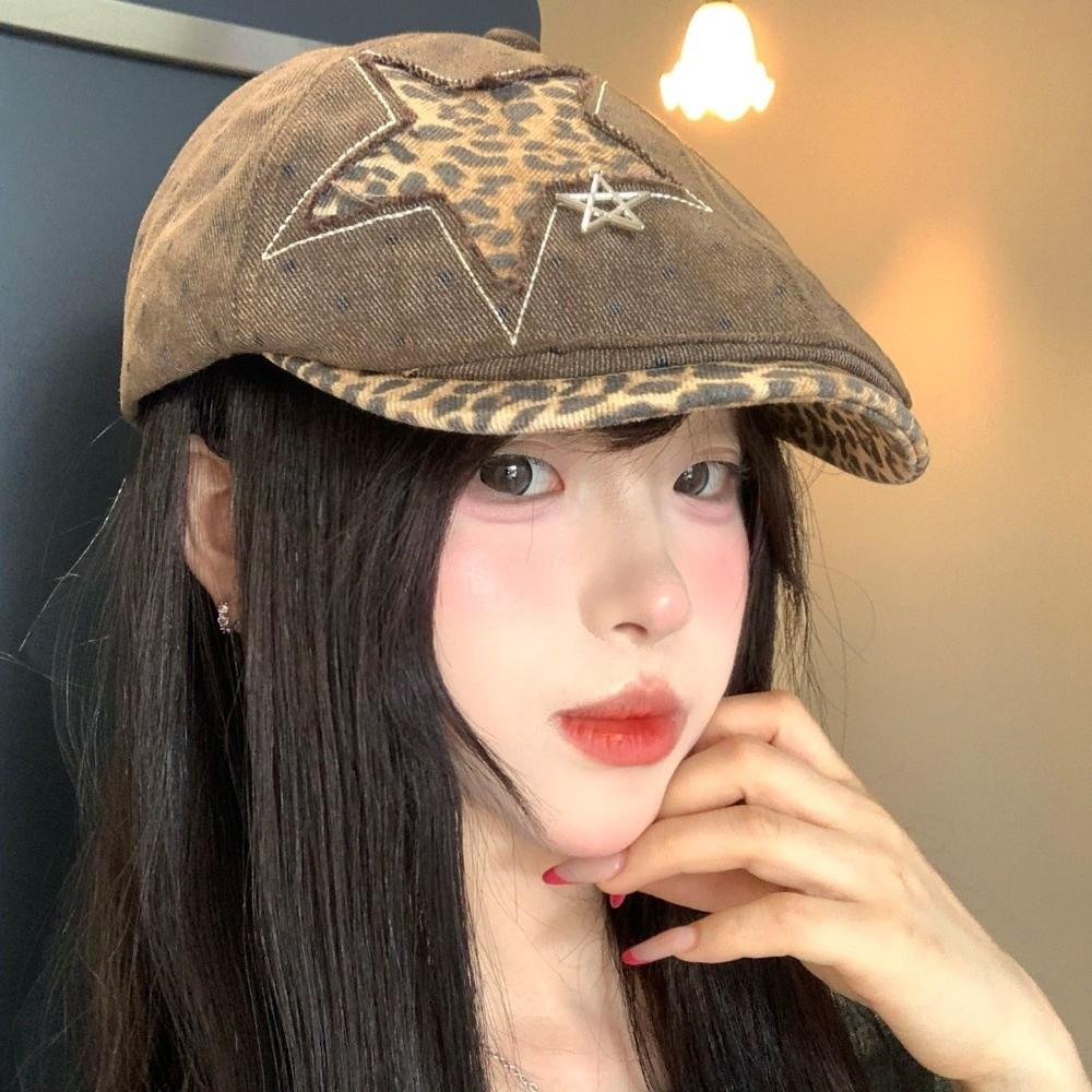 Leopard Denim Beret Hat Star Rivet Forward Hat Vintage Newsboy Cap Harajuku Style