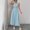 Women's Sleeveless Midi Dress Round Neck High Waist Elegant Casual Tank Dress Solid Color Stitching Summer Maxi Dress