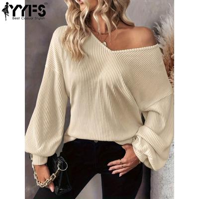 Kadın Modası Günlük İlkbahar Sonbahar Düz Renk Baskı Uzun Kollu V Yaka Bluzlar ve Gömlekler