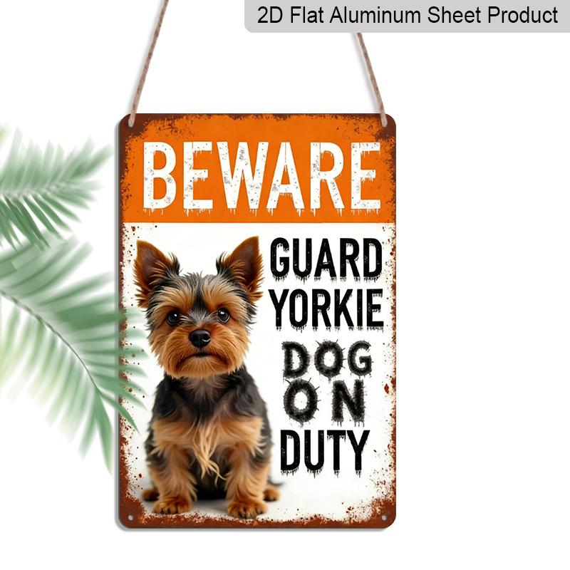 2D Flat, Yorkshire Terrier Warning Metal Sign, Decorative Aluminum Sign and Plaque, 8x12 Inches - Rustic "Beware of Guarding Yorkie" Wall Art