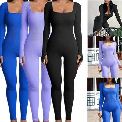 Frühling Sommer Gerippter Quadratischer Ausschnitt Po-Hebender Schlanker Yoga-Jumpsuit für Damen