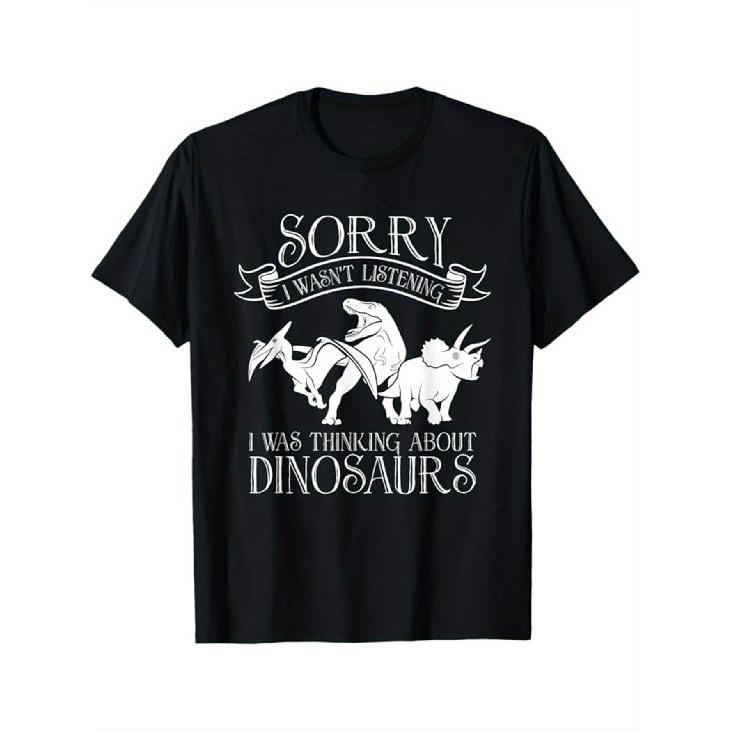 Men S Casual Short Sleeve Crew Neck T-Shirt with Dinosaur Print, Graphic Tee for Outdoor Gaming S чёрный