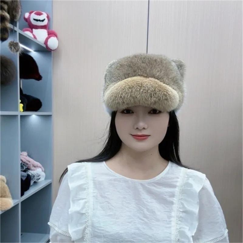 Real rabbit fur hat cat ear round top for shopping thick genuine rabbit fur warm women winter and autumn baseball cap