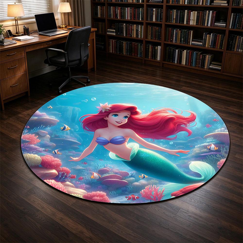 Round Rug Ariel Little Mermaid Underwater Coral Reef Fish Sun Rays Ocean Painterly Movie Fan Living Room Decor