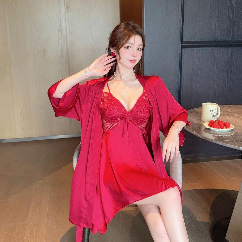 Sexy pajamas women's ice silk butterfly with chest pad suspender nightgown nightgown pure desire style new silk loungewear