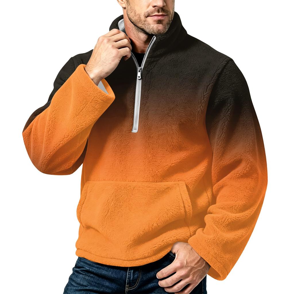 Men's Flannel Zip-Up Sweatshirt with Two-Tone Gradient Print, Stand Collar, Plus Size, Casual Fall Winter Fashion