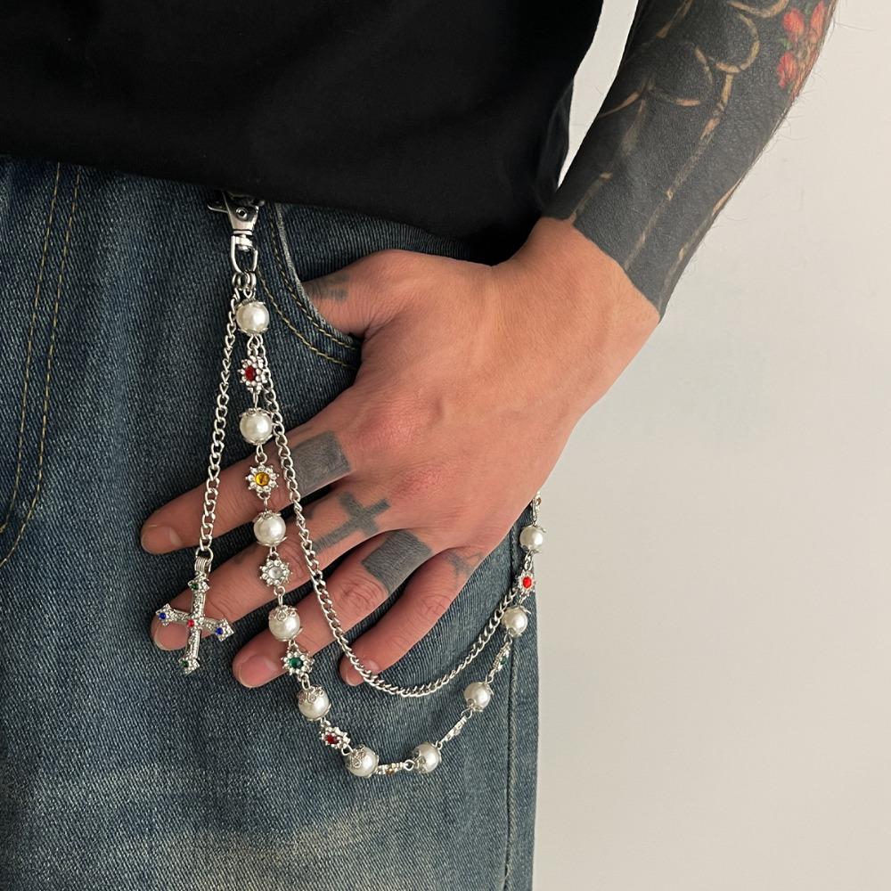 Exquisite Cross Waist Chain Luxuriöser Hip-Hop Stil Herz Perlen Taille Kette Hipster Harajuku Quaste Hosenkette Für Männer Frauen