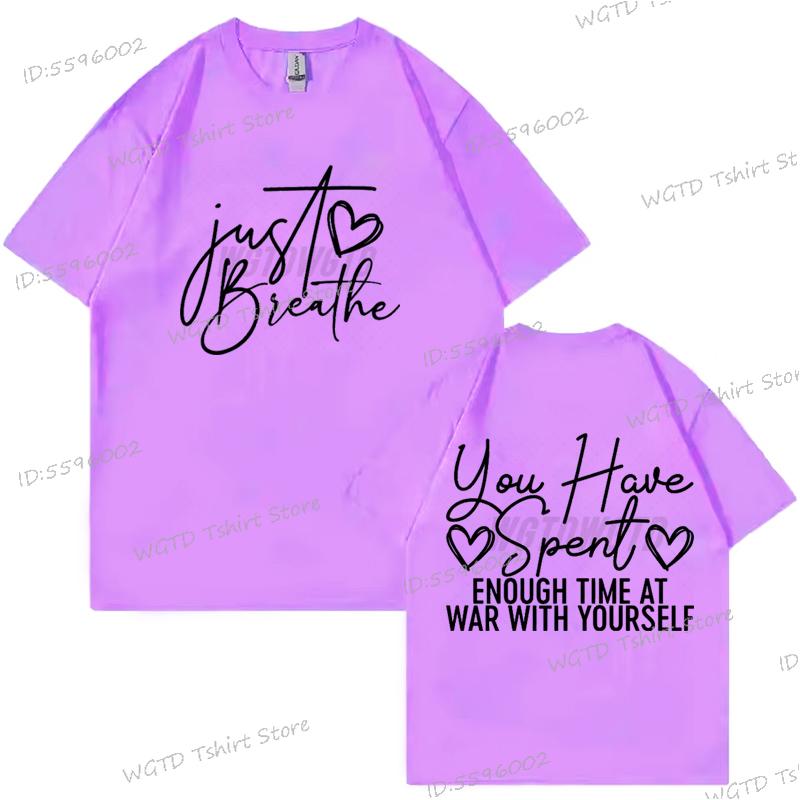 Just Breathe Heart Design T-shirt Inspirational Quotes Graphic Tee Trendy Mothers Day Gifts Positive Crewneck Short Sleeve Shirt