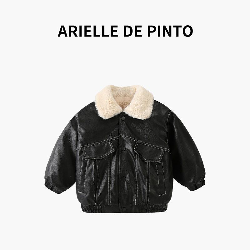 French Arielle De Pinto Boys' Fleece-Lined Leather Jacket, Stylish and Trendy Autumn and Winter Children's Jacket Cotton Coat