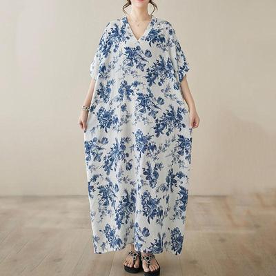 Short Sleeve Plus Size Vintage Floral New In Dresses for Women Casual Loose Maxi Long Summer Dress