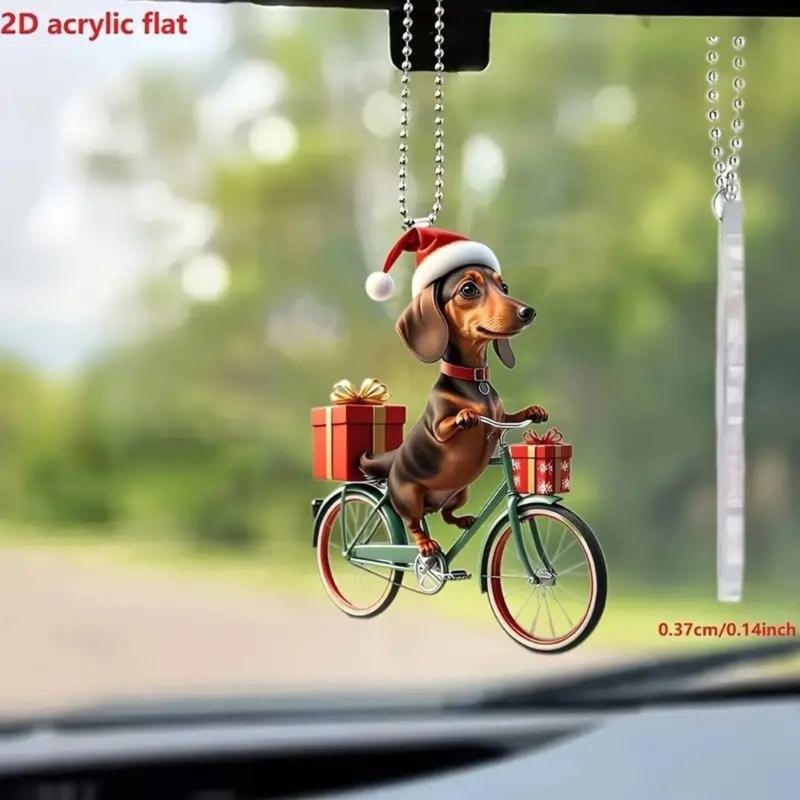 Acrylic Car Mirror Hanging Ornament, Dog Cycle Christmas Accent with Cord for Holiday Vehicle Use and Display Trim