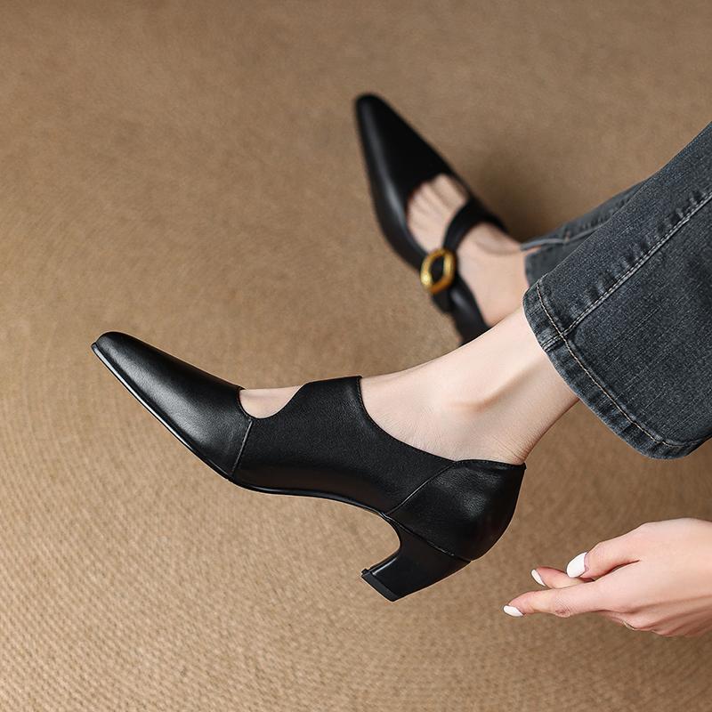 Fashion 2025 New Genuine Leather Women Pumps Shallow Mary Jeans Strap Single Shoes 5cm Square High Heels Black Prom Party Sapatos Mujer