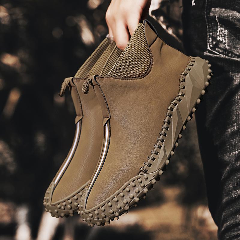 Handmade Soles High Top Shoes Hiking Shoes Warm Plush Men's Casual Shoes Wear-resistant Men's Genuine Leather Casual Shoes