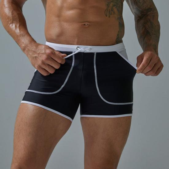 Men Summer Swimming Trucks Mid-rise Drawstring Patchwork Color Pocket Swimming Shorts Quick-Drying Stretch Beach Surfing Shorts