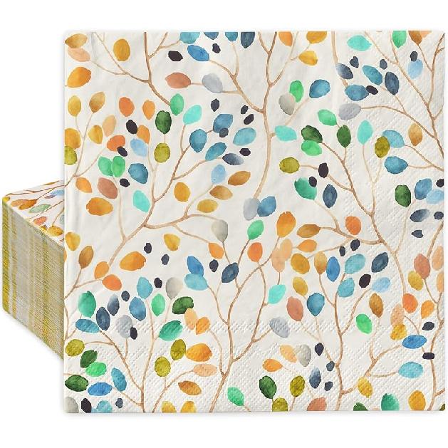 AnyDesign 100Pcs Colorful Leaves Guest Napkins Watercolor Leaf Branches Disposable Paper Napkins Dinner Hand Napkin for Home Kitchen Bathroom Holiday