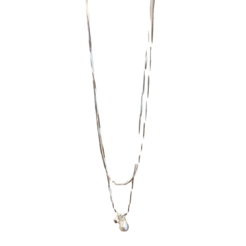 ANENJERY Sliver Color Double Layer Chain Imitation Pearl Water Drop Pendant Neckalce for Women Simple Jewelry Birthday Gifts