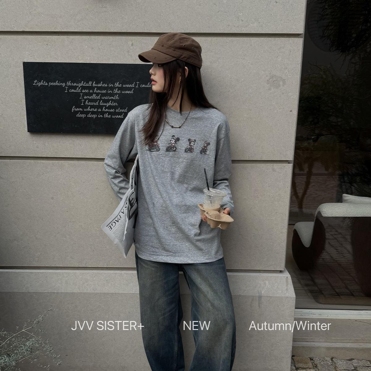 JVV Thirteen Lines Women s 2025 Winter Round Neck Loose Print Long Sleeve Casual T-shirt 00889 One Size