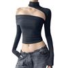 2026 Frühling Schwarzes Langarm-Halter-Off-Shoulder-Bandeau-Top für Damen: Nischen-Hot-Girl-Stil