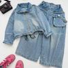 Girls' Rhinestone Denim Jacket & Pants Set – Trendy Spring/Autumn Two-Piece with Large Pocket Pants