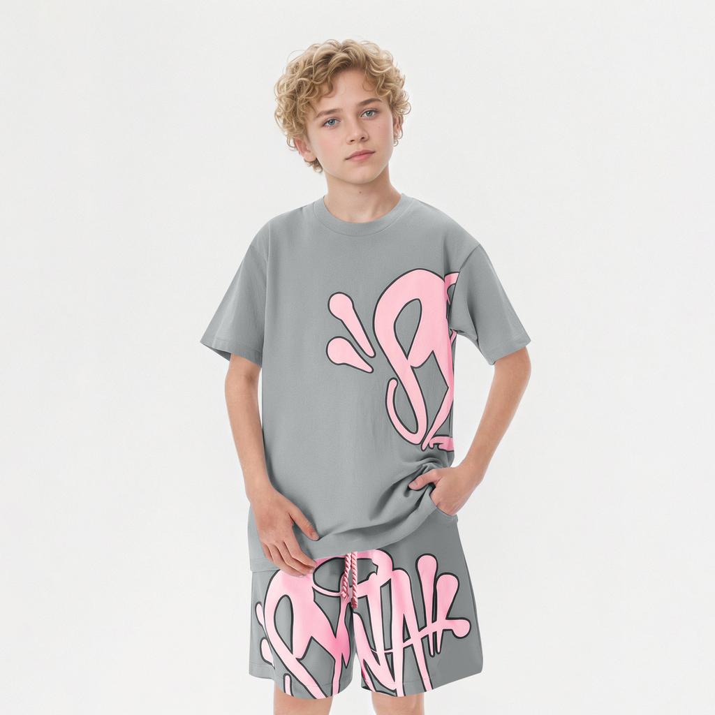 Kids Summer Short Sleeve T Shirt and Shorts Set Lightweight Breathable Casual Sportswear with Elastic Waistband and Printed Design for Boys Girls