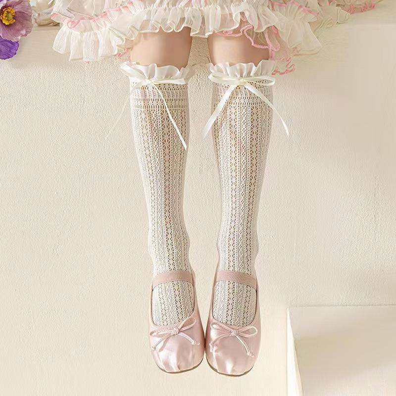Children's Socks Summer Lolita Wooden Ear Mesh Ribbon Large Bow Mid-tube Socks for Girls