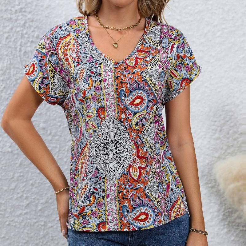 Bluză de femei retro imprimeu boemă de vară Topuri casual Elegante de plajă cu mâneci scurte cămăși largi pentru femei Moda vacanță bluze pentru femei 24482