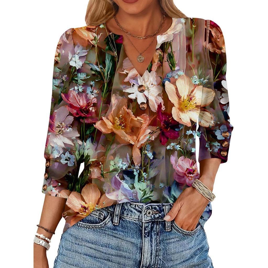 Women's Retro Printed Loose 7-inch Sleeve Top