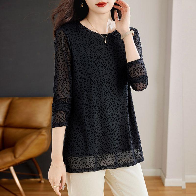 Women's Crew Neck Sheer Mesh Leopard Print Long Sleeve Loose Fit Casual Blouse