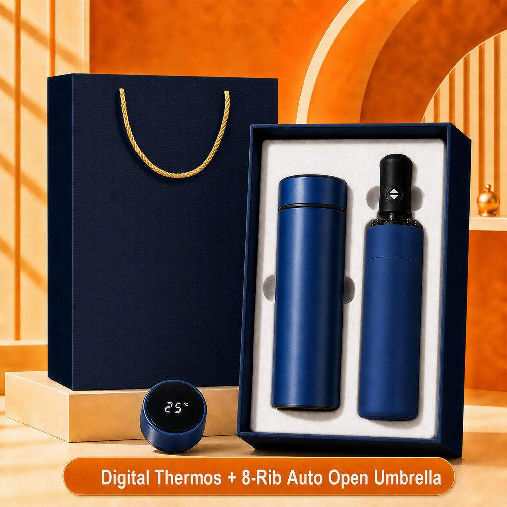 Custom Logo 7-in-1 Business Gift Set Power Bank Bluetooth Speaker Vacuum Flask 304 Stainless Steel Silver Gift Box