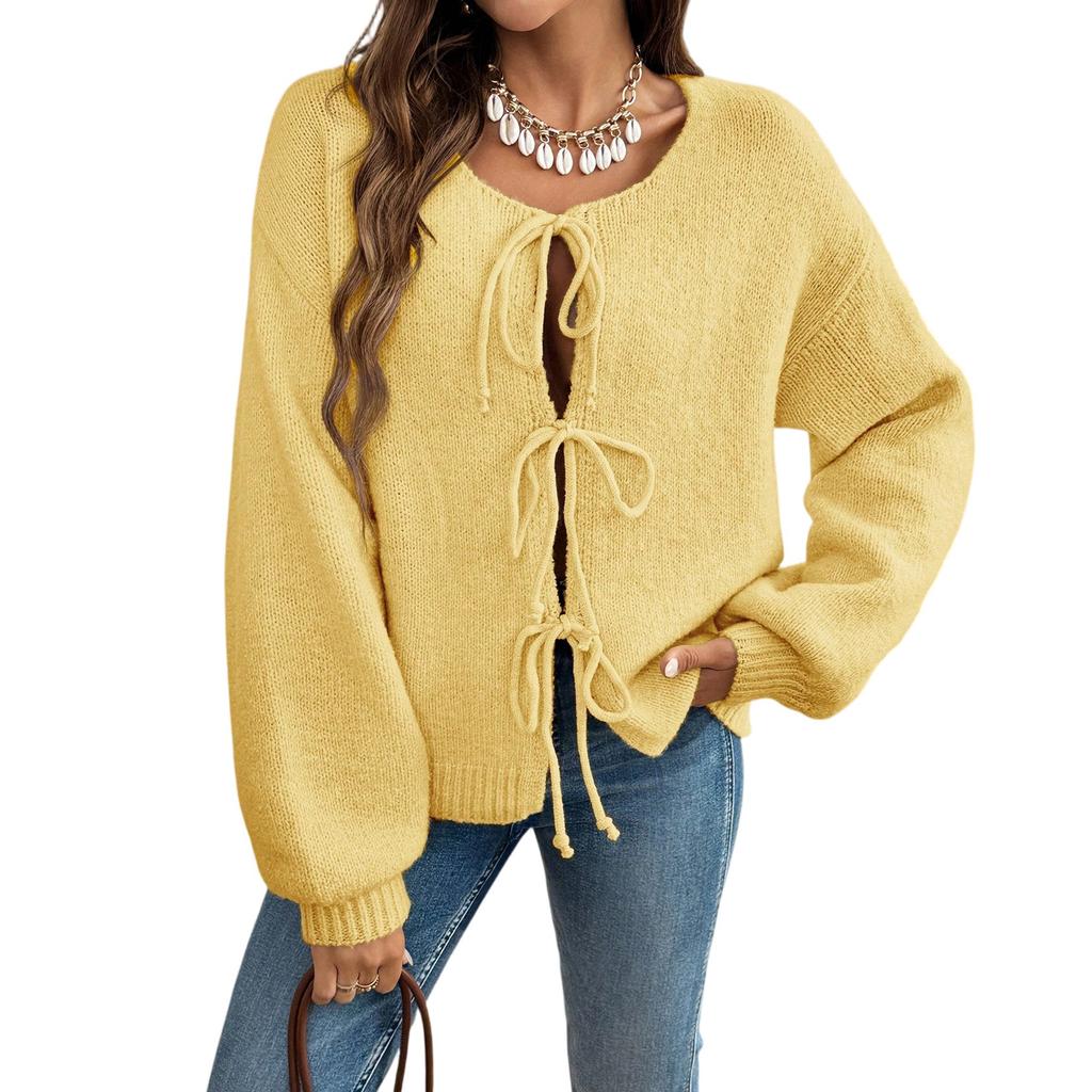 Women‘s Round Neck Long Sleeve Lace-Up Fitted Cardigan Coat