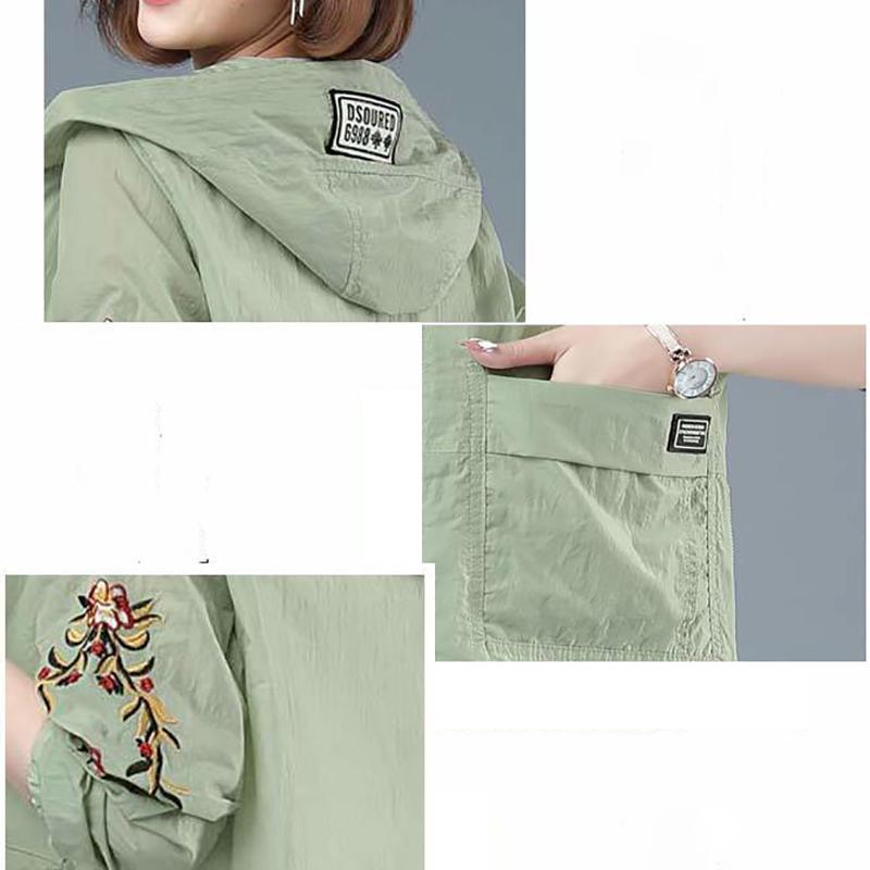 UV-beskyttende solkremfrakk for kvinner Kort hette tynn jakke Matchende løse solkremklær Retro etnisk stil Broderidesign Sommer