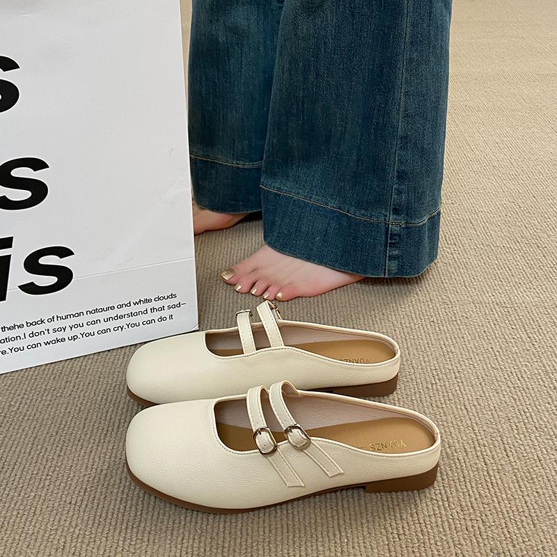 Fashion CRLAYDK Mules for Women Flats Leather Buckle Strip Slip On Ladies Square Toe Backless Loafers Ladies Dress Comfortable Shoes