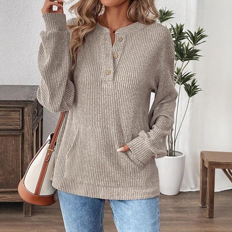 2025 Autumn/Winter Women's Solid Color Button Loose Long Sleeve T-Shirt